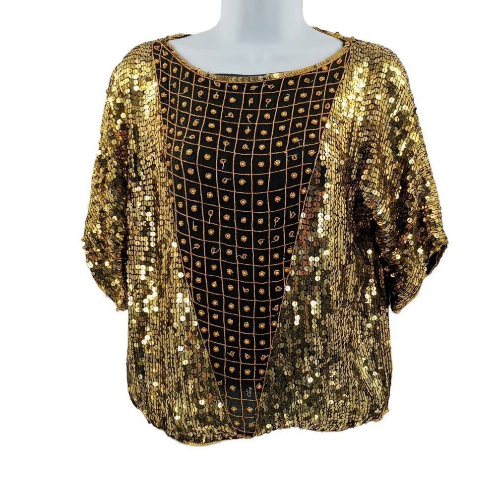 Vintage Black Silk Top Hand Embellished in Gold Beads/Sequins | Tag Size Small